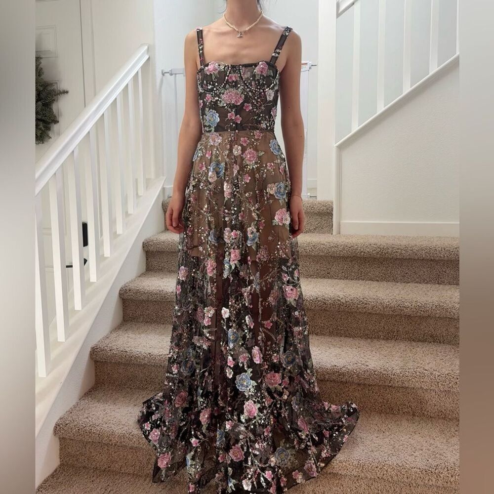 NWOT BRONX AND BANCO MIDNIGHT EMBROIDERED FLORAL GOWN, wedding guest max dress - Picture 6 of 16